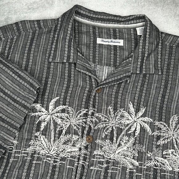 Tommy Bahama Shirt Mens Large Palmetto Grove Linen Blend Gray Black Palm Camp - Picture 1 of 16